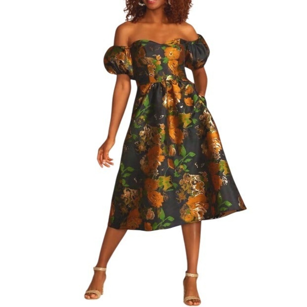 NWT DB Studio Black Metallic Floral Puff Sleeve Princess Renaissance Dress 8